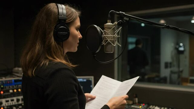 Woman voice actor reading a script into a microphone in a professional recording studio. Female narrator working on audio book production.