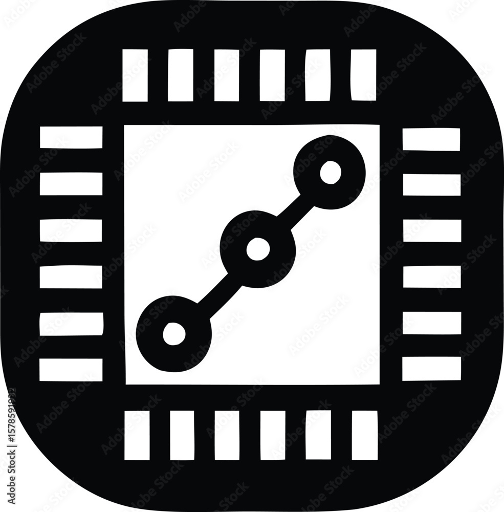 Poster stylized black and white icon representing a central processing unit with a diagonal three dot conne