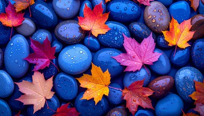 Design a textured background with shiny blue stones and drenched maple leaves, emphasizing the fresh, raw beauty of nature after rain through reflections, color, and mood.

