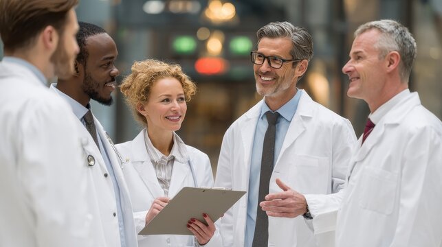 Group of doctors talking to pharmaceutical sales representative., no logos, no brands