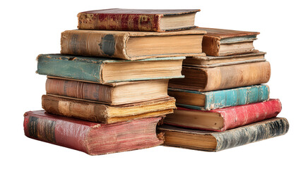 Stack of worn-out books and paperbacks background isolated on a Transparent background, PNG file.