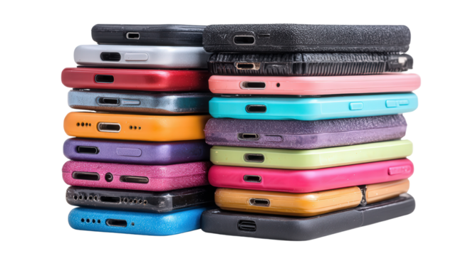 Stack of old phone cases background isolated on a Transparent background, PNG file. - Powered by Adobe