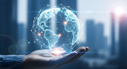 Human hand holding a glowing digital globe with a network of connections overlayed