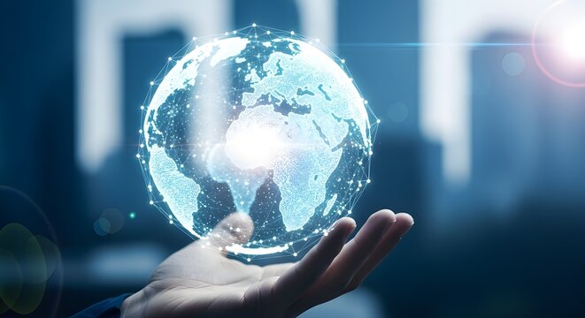 Human hand holding a glowing digital globe with network connections and light flares