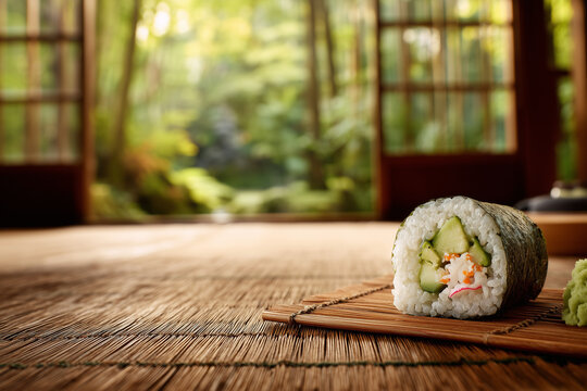 egetarian sushi roll (avocado, cucumber, radish) placed on a traditional tatami floor, with an open window showing a distant forest -