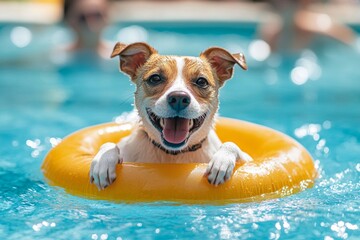 Jack russell terrier having fun in swimming pool, relaxing on yellow inflatable ring during summer