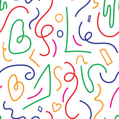 Fototapeta premium Seamless Abstract Pattern with Colorful Shapes and Squiggles suitable for digital, print, or textile applications.
