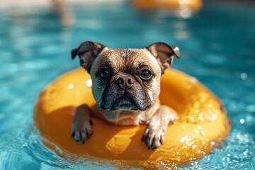 Small pug puppy relaxing and enjoying summer while floating in a yellow inflatable ring in a blue swimming pool