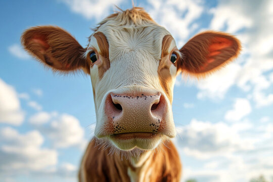 Guernsey cow filling the frame with its big pink nose and brown eyes, posing under a cloudy sky