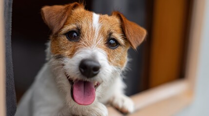 Happy Jack Russell Terrier dog smiling out of a window with bright eyes : Generative AI