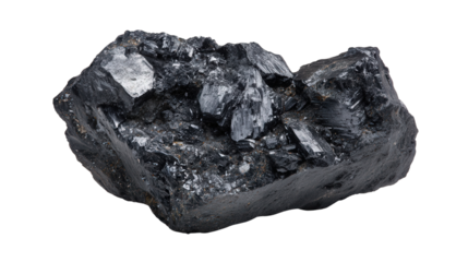 Thorianite radioactive black mineral lump background isolated on a Transparent background, PNG file.