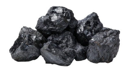 Thorianite radioactive black mineral lump background isolated on a Transparent background, PNG file.