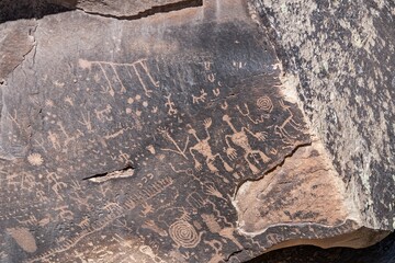 Newspaper Rock Petroglyphs Archeological District, Petrified Forest National Park, Arizona. Desert...