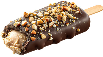 A chocolate ice cream bar with nuts on top. The ice cream is cut in half and has a nutty topping