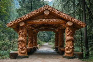 Fototapeta premium Wooden gazebo with intricate carvings inviting hikers to rest in the forest