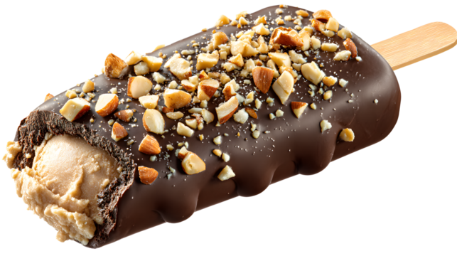 A chocolate ice cream bar with nuts on top. The ice cream is cut in half and has a nutty topping