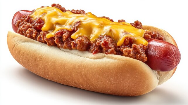 Delicious hot dog topped with rich chili and melted cheese, resting in a soft bun. Perfect for BBQs, picnics, or game day snacks, offering a satisfying and hearty meal option.