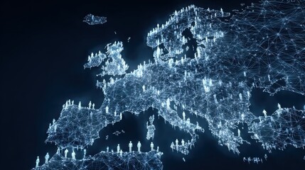 digital map of Europe showcasing network of connections with people icons, symbolizing global communication and collaboration. glowing connections create sense of unity and interaction