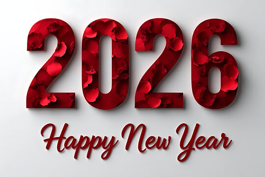 Happy new year 2026 with red rose petals on a white background