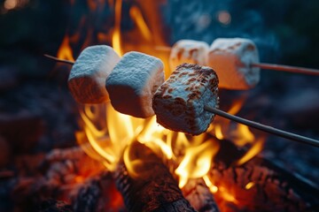 Delicious white cube marshmallows roasting over a campfire on wooden sticks, creating a cozy and enjoyable outdoor experience