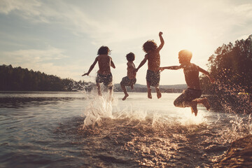 Children Jumping into a Lake
