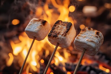 Three marshmallows roasting on wooden sticks over a burning campfire, creating a warm and inviting camping scene