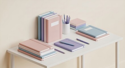 A collection of pastel colored notebooks and pens arranged neatly on a table