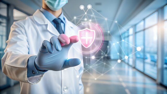 Doctor Touching Digital Shield Symbol for Healthcare Security and Protection