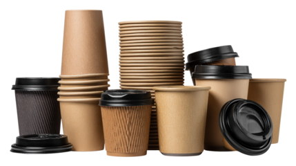 Used coffee cups and lids sorted for recycling background isolated on a Transparent background, PNG file.