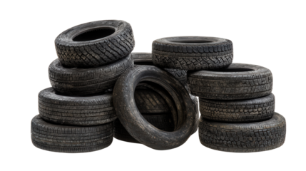 Used car tires stacked for recycling background isolated on a Transparent background, PNG file.