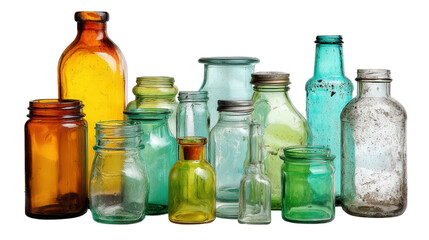 Used glass jars and bottles for recycling background isolated on a Transparent background, PNG file.