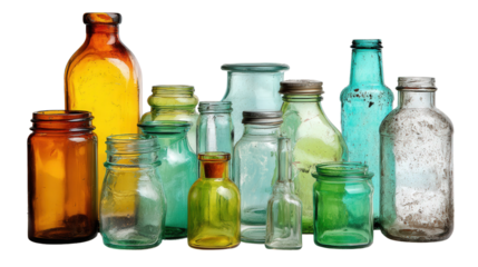 Used glass jars and bottles for recycling background isolated on a Transparent background, PNG file.