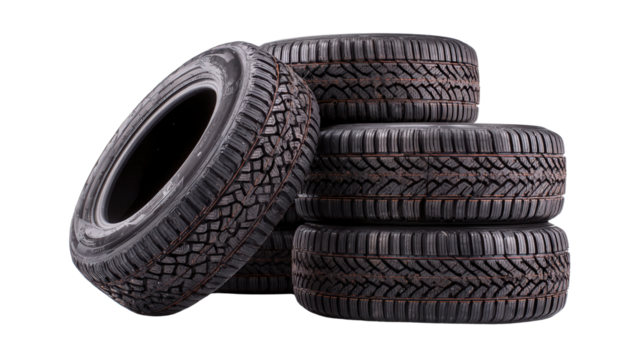 Used car tires stacked for recycling background isolated on a Transparent background, PNG file.