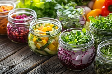 Fresh and Colorful Vegetables in Jars on Rustic Wooden Surface