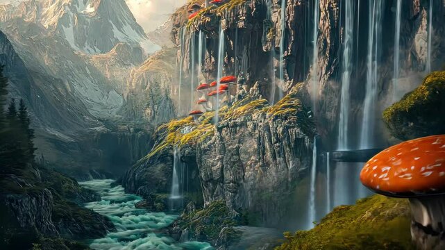 Mushroom fantasy landscape with mountains, river, and vibrant zookeeper canyon, Mushroom fantasy landscape mountain river canyon zoom in