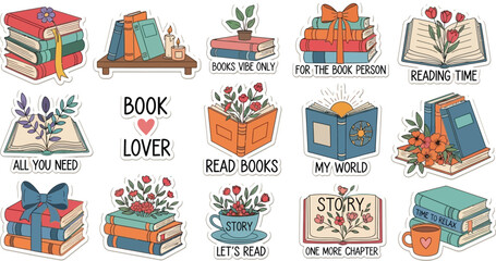 Book lover sticker set for reading enthusiasts and bookworms, cute bookish illustration collection