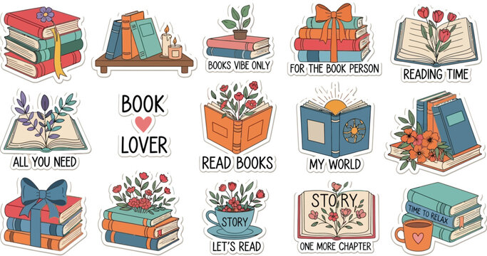 Book lover sticker set for reading enthusiasts and bookworms, cute bookish illustration collection