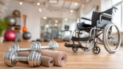 Inclusive Wellness: A gym setup with dumbbells, mats, and a wheelchair promotes accessibility and inclusive fitness within an environment designed for rehabilitation and well-being.