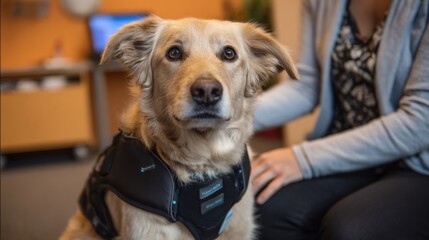 Dog Wearing Anxiety Vest Receives Calming Support at Veterinary Clinic During Daytime Visit