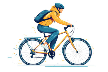 Obraz premium Courier with yellow jacket and backpack riding a bicycle making a delivery in the city