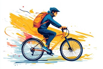 Fototapeta premium Cyclist wearing helmet and backpack riding bicycle with colorful splashes in background, representing active lifestyle and urban commuting