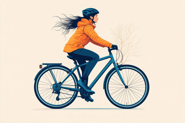 Fototapeta premium Young woman cyclist riding a bicycle in windy autumn day, side view