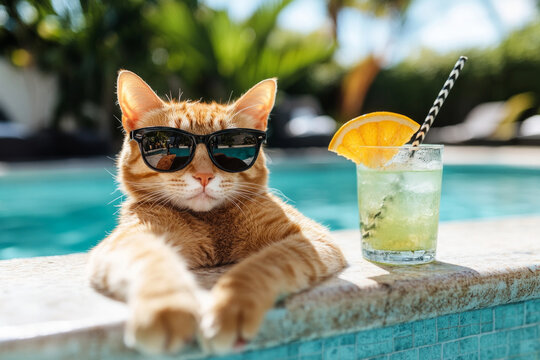 Red cat wearing sunglasses relaxing in a swimming pool with a cocktail and enjoying summer vacation