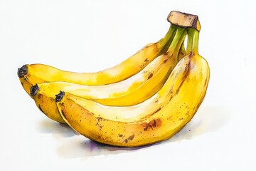 Bunch of ripe yellow bananas painted with watercolors, isolated on a white background