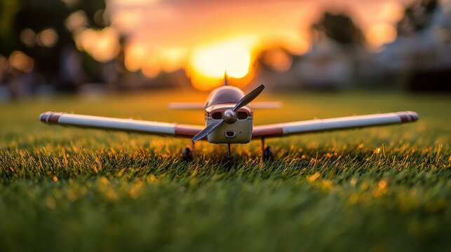 foto of an small airplane on green grass and sunset background , no logos, no brands