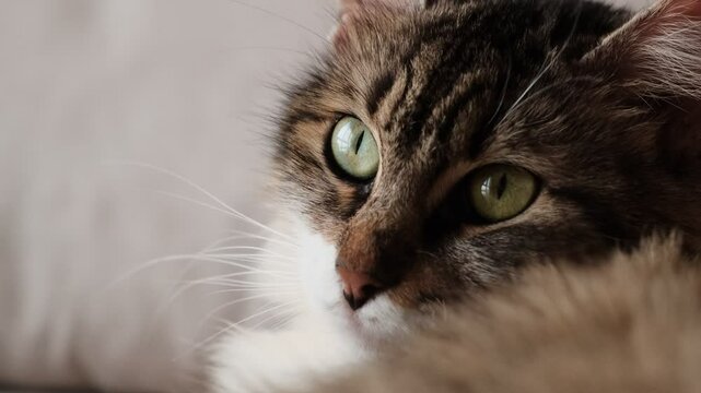 In a close-up shot, the eyes, nose, mouth, whiskers, and soft fur of a relaxed domestic cat are seen in detail.