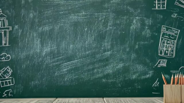 Chalkboard filled with drawings of buildings and tools in a classroom setting with a wooden floor, Seamless ing video of classroom chalkboard with back to school concept