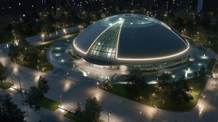 A state-of-the-art convention center featuring a distinctive dome-shaped design, illuminated with sleek LED lighting, and surrounded by a landscaped plaza.