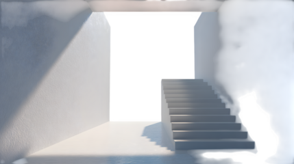 Black cat by stairs, minimalist scene, isolated on transparent background