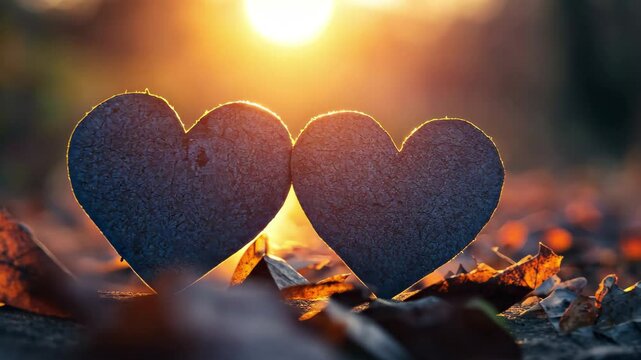 Heart shaped objects nestled on autumn leaves during sunset in a serene outdoor setting, Two heart shaped objects on ground covered with leaves at sunset